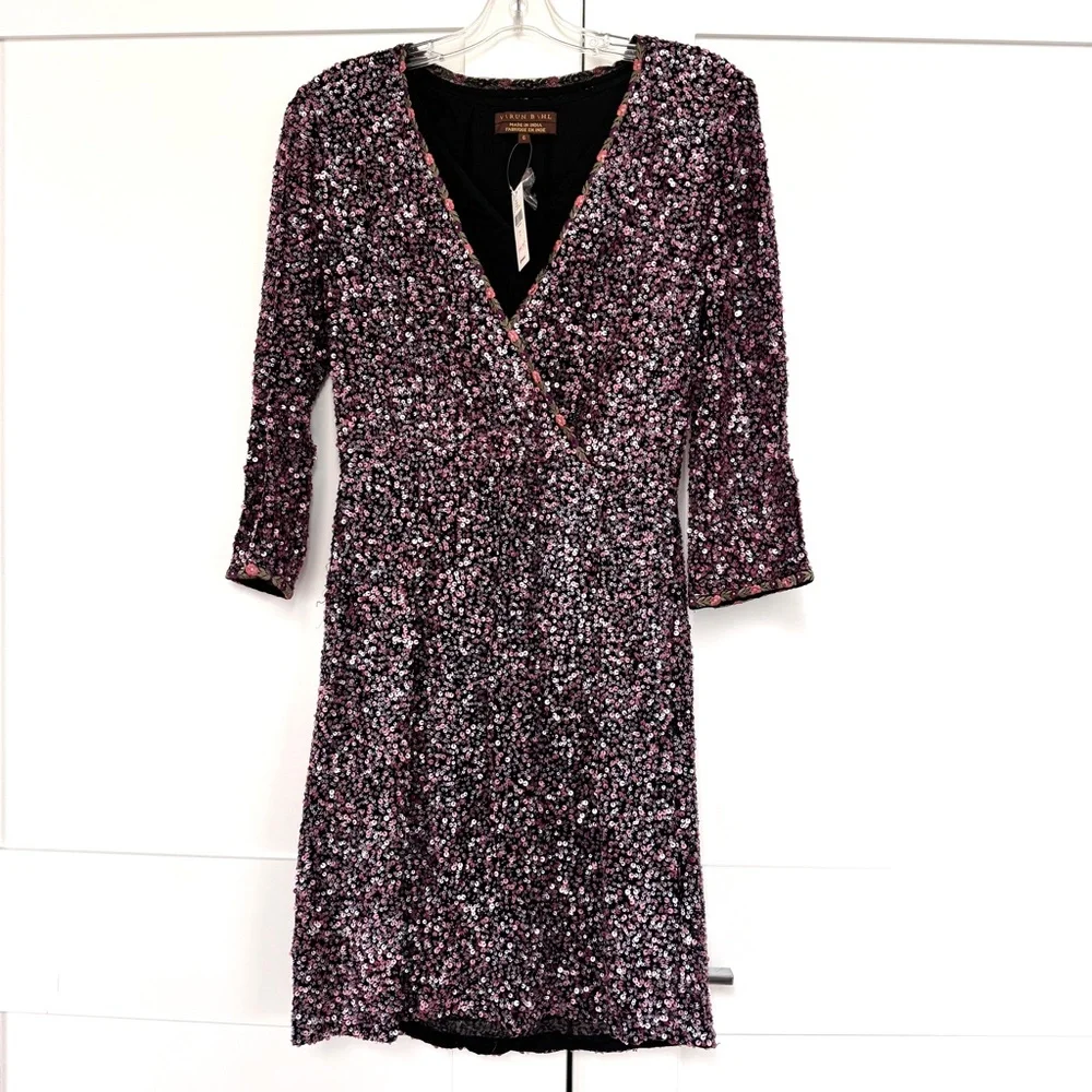 Anthropologie Varun Bahl Purple Pink Sequin Wrap Dress 3/4 Sleeve NWT Size 6 - Picture 4 of 10